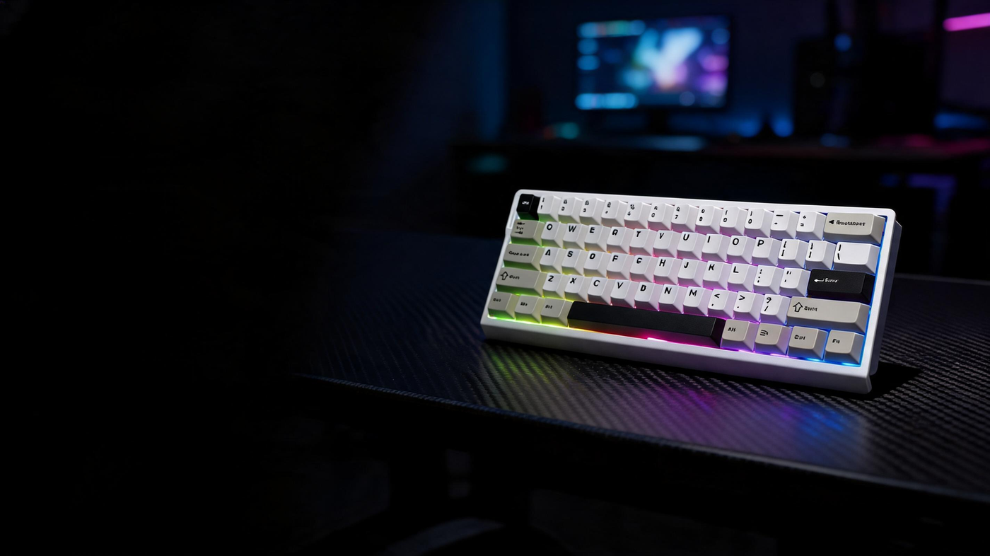 Compact gaming keyboard glowing on a carbon-fiber desk in a dark neon-lit esports room