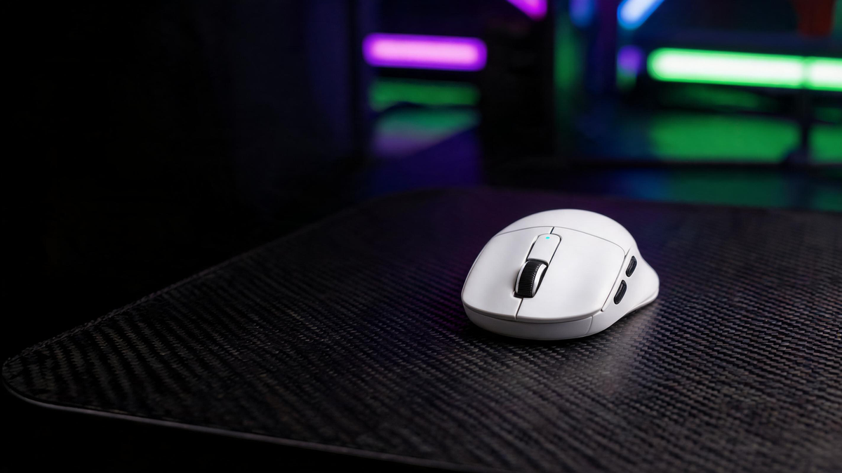 Gaming mouse on a carbon-fiber desk beside a vivid RGB-lit gaming setup, with open space for a headline.