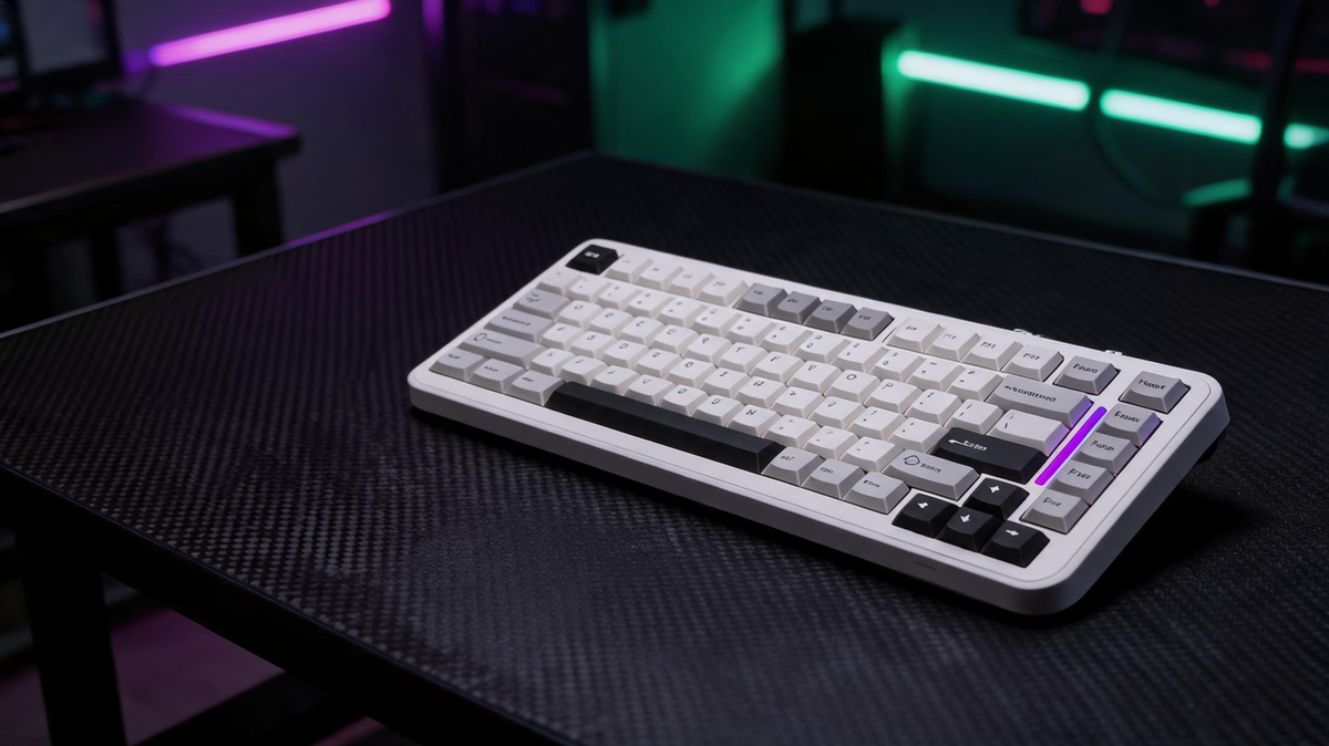 Hall Effect gaming keyboard glowing on a carbon-fiber desk in a dark RGB-lit gaming room