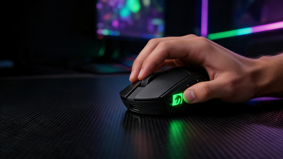 Hand guiding a gaming mouse across a glowing desk setup in a dark RGB-lit room.