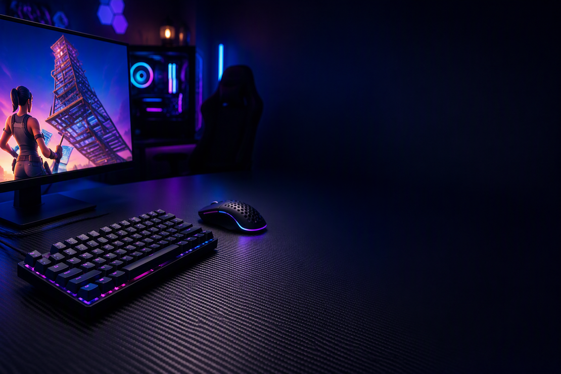 Compact gaming keyboard and mouse on a carbon-fiber desk in a dark RGB-lit gaming room, with clear space beside the setup for a headline.