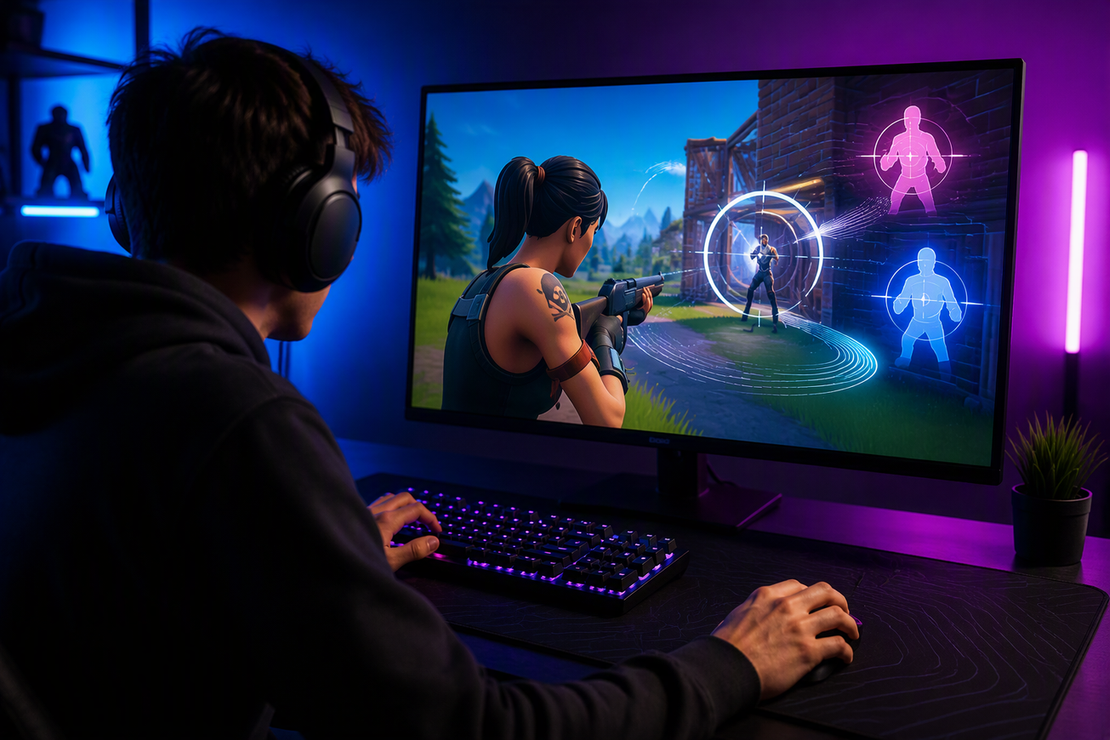 Gamer planning Fortnite mouse settings at a desk beside a keyboard and monitor with abstract target shapes