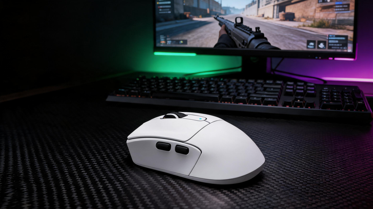 Gaming mouse on a carbon-fiber desk beside a keyboard and monitor in a dark RGB-lit esports setup