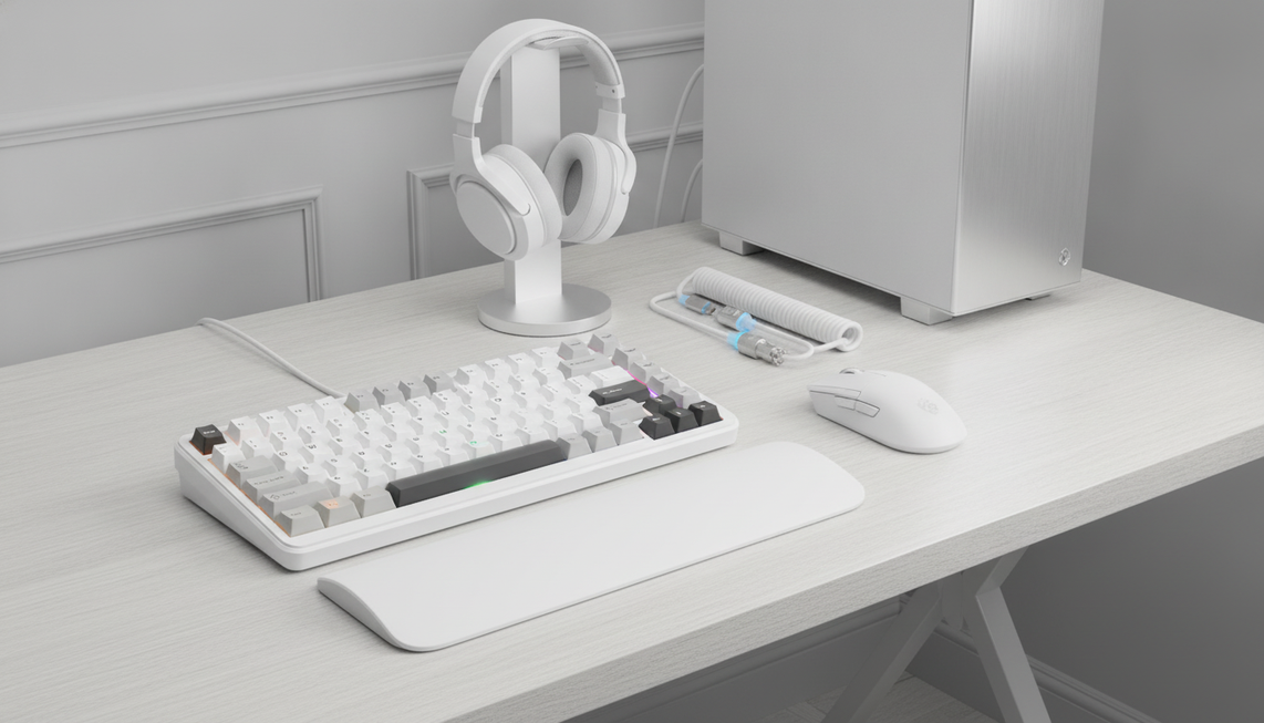 Gaming keyboard arranged as the central subject of a clean editorial desk setup for a firmware update guide.