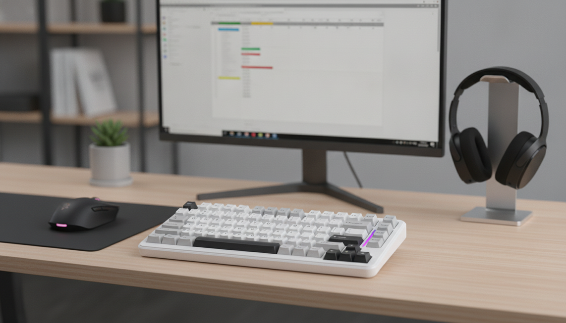 A compact gaming keyboard arranged on a shared desk beside a monitor and spreadsheet workspace