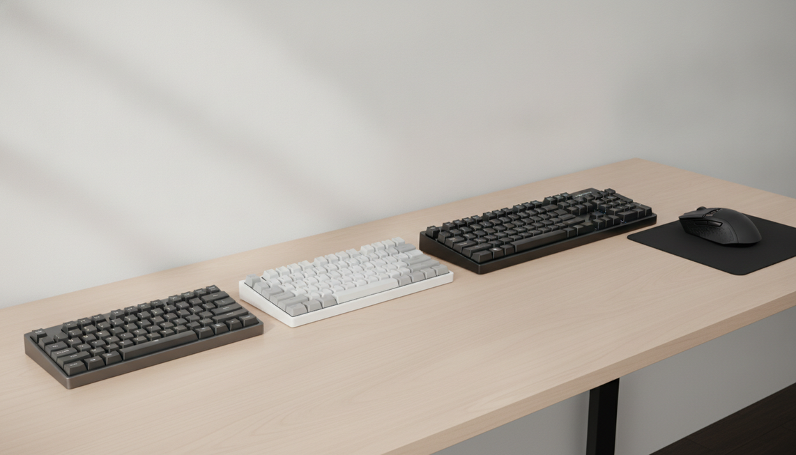 Three gaming keyboard layouts arranged as a broad comparison hero for a small desk, with a compact keyboard, a keyboard with arrow keys, and a larger tenkeyless keyboard beside a gaming mouse.