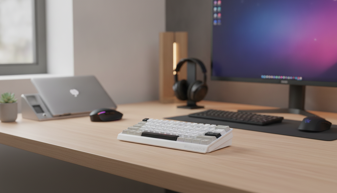 Compact gaming keyboard on a clean desk beside a monitor, representing separate work and gaming setups