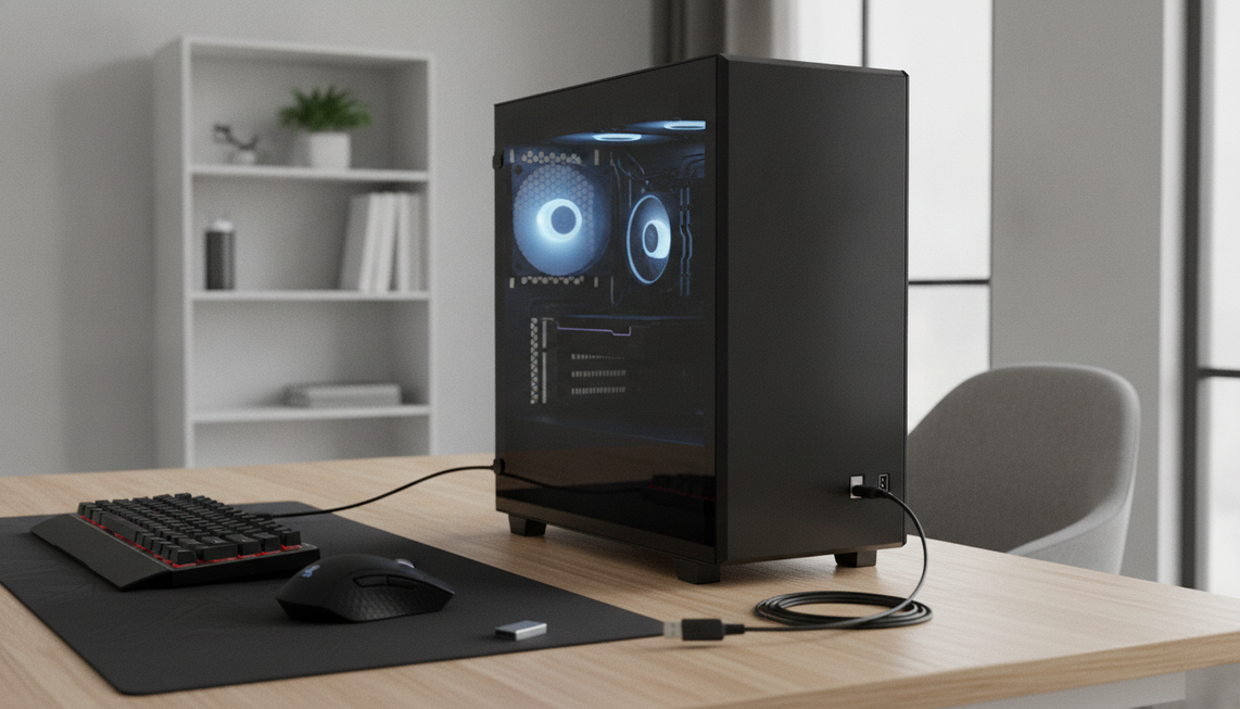 Gaming keyboard and mouse beside a Windows PC during connection troubleshooting