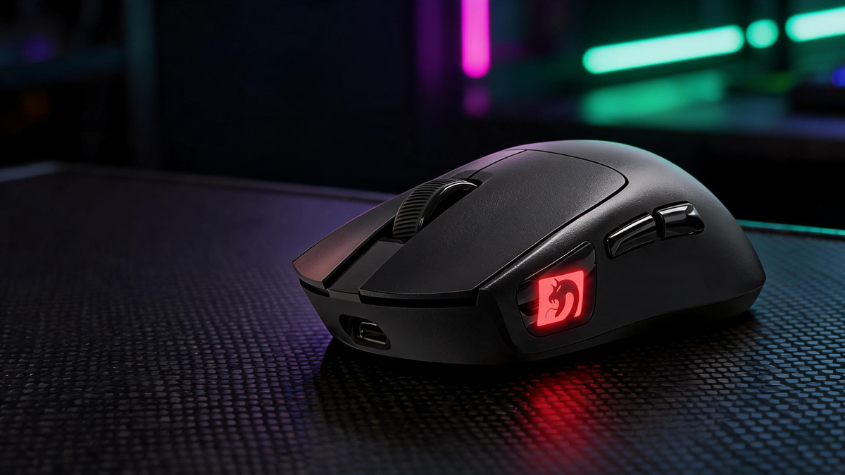 Wireless gaming mouse resting on a carbon-fiber gaming desk beside a glowing monitor setup, with the mouse clearly featured in the foreground.
