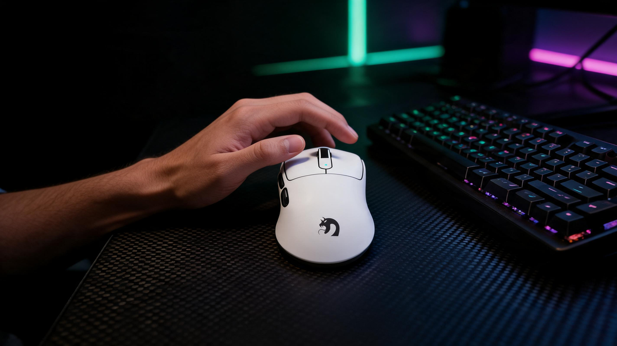 MAMBASNAKE M3 gaming mouse on a carbon-fiber desk beside a glowing gaming keyboard in a dark RGB-lit room