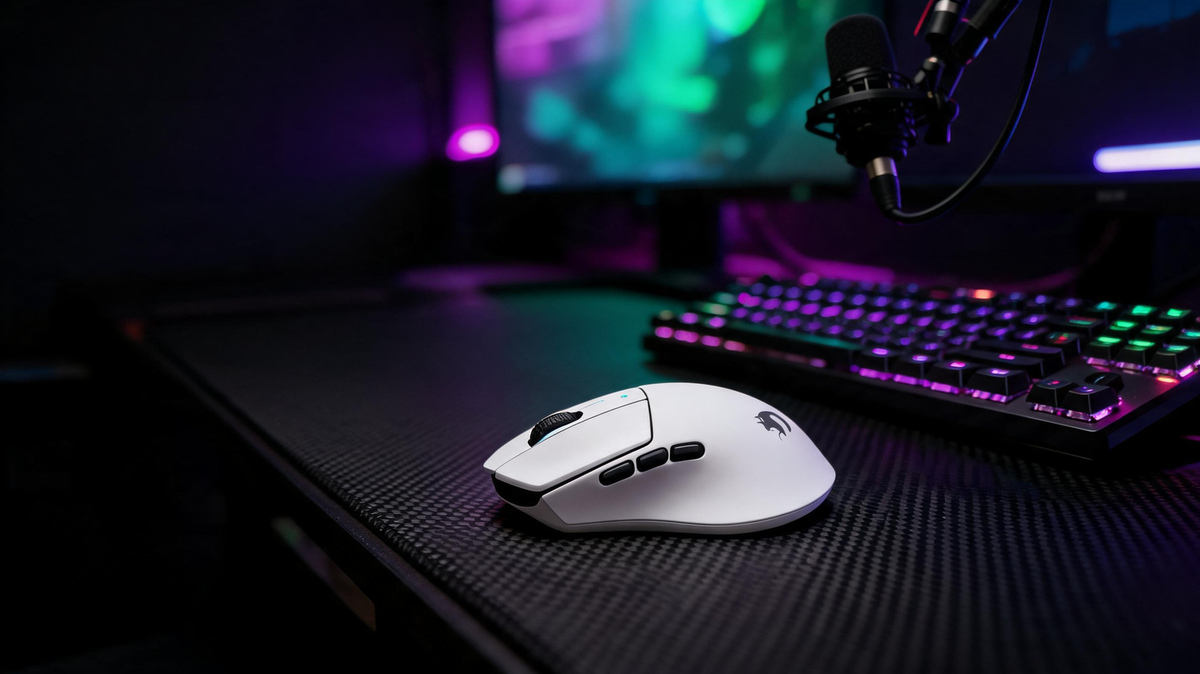 White gaming mouse on a carbon-fiber desk beside a streaming microphone, monitor glow, and purple and neon-green RGB lighting