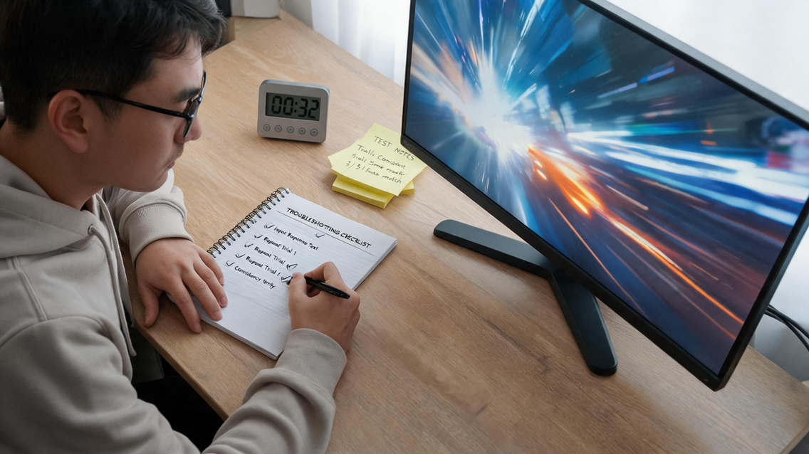 Gamer reviewing a five-step input troubleshooting checklist beside a monitor showing an abstract game scene