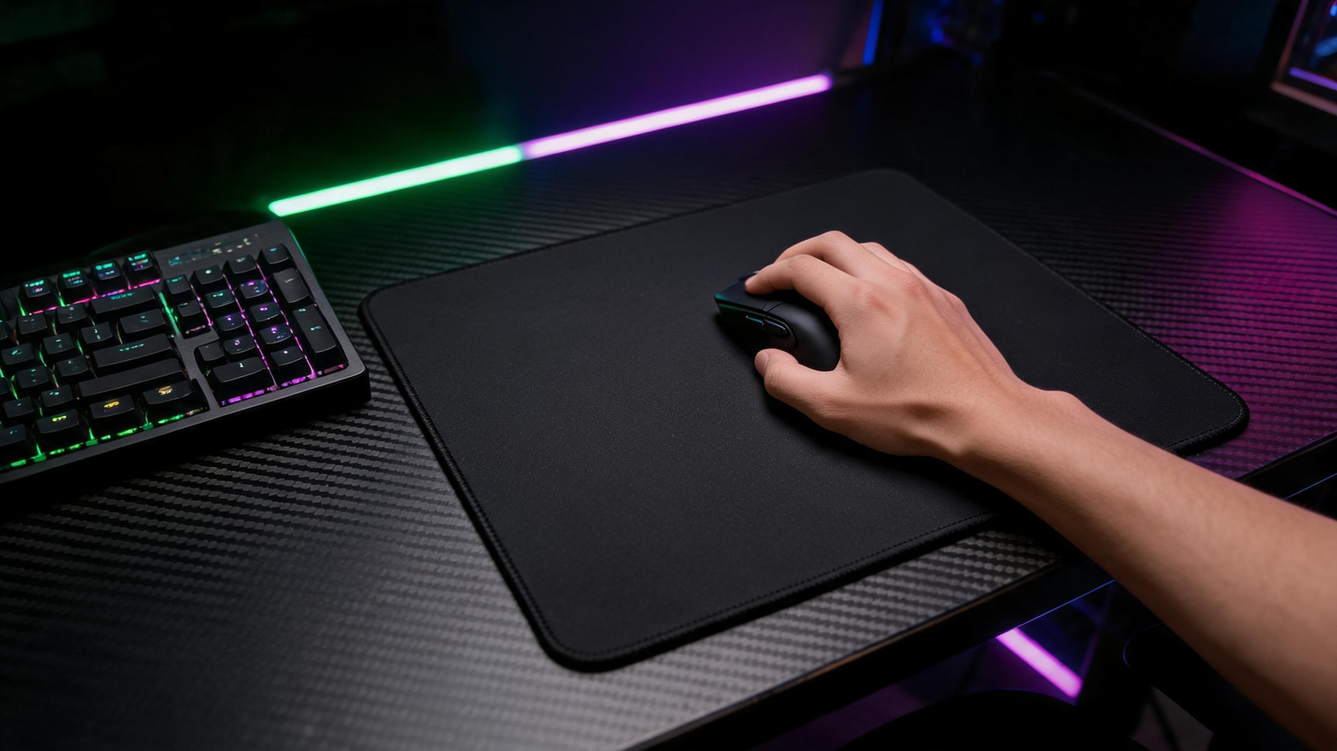 Gaming desk setup with a mouse moving across a wide mat beside a keyboard under purple and green RGB lighting