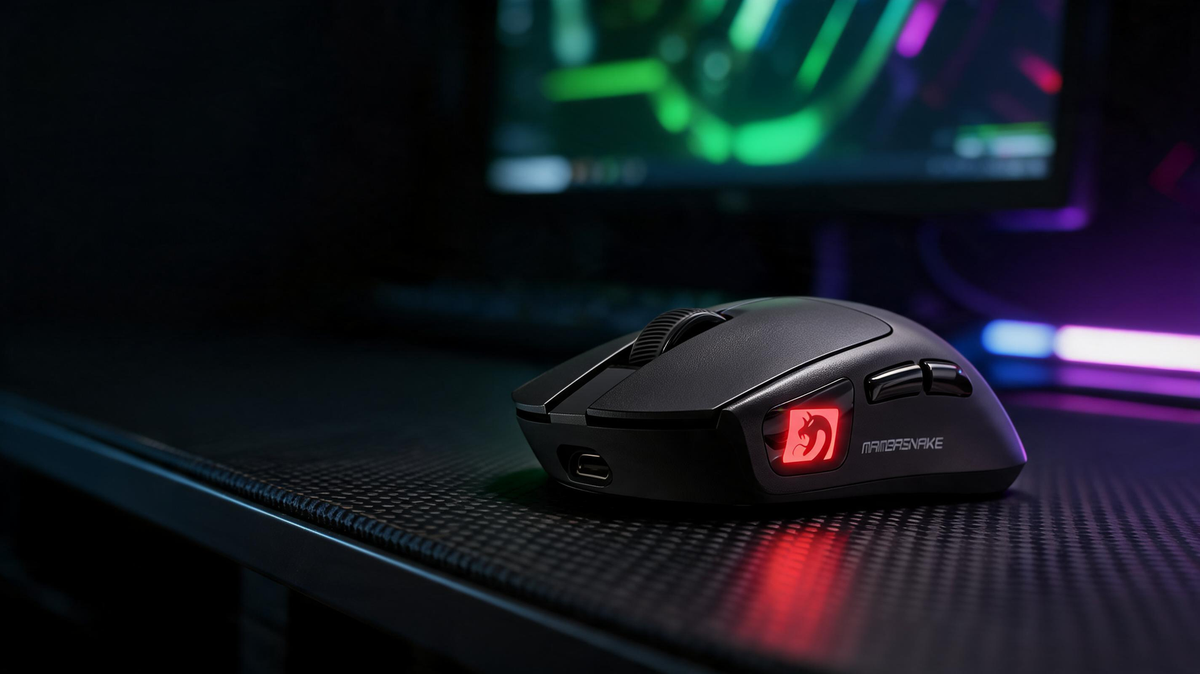 Wireless gaming mouse resting on a carbon-fiber desk beside a softly glowing color display and purple-green gaming lights