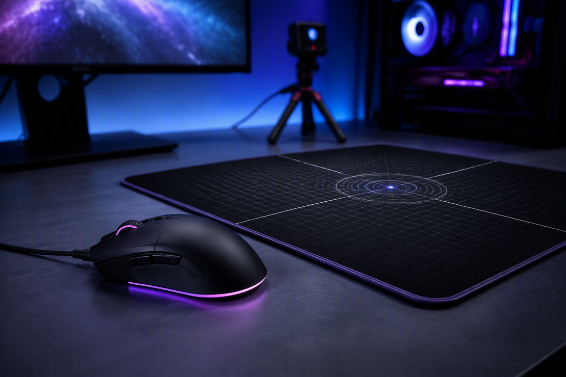 Gaming mouse on a clean desk beside a mouse pad, presented as a general sensor-testing workspace