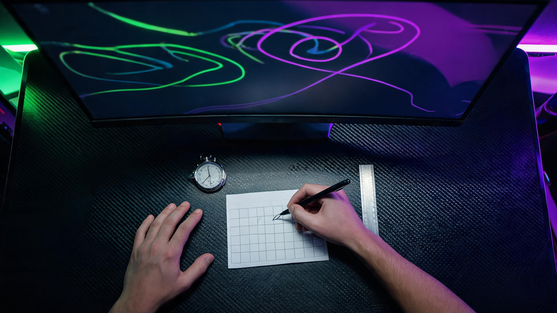 Gaming mouse testing station with hands recording aim-task results on a score sheet beside an abstract target drill
