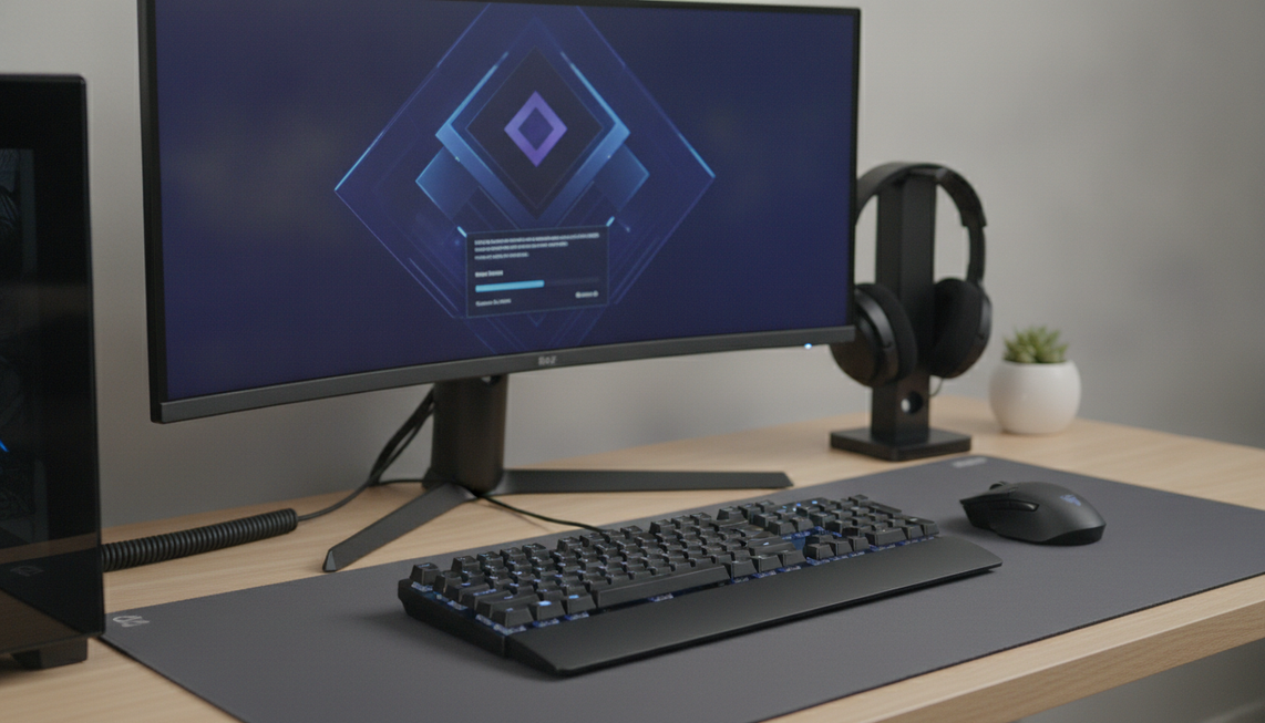 Gaming keyboard and mouse arranged on a clean desk beside a computer showing a generic firmware update workspace, with no readable interface text.