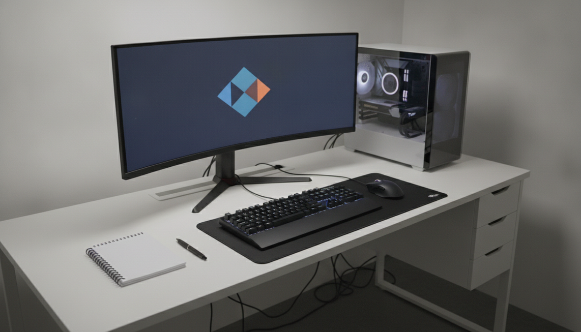 Gaming desk with a mouse, keyboard, monitor, and controlled latency testing setup
