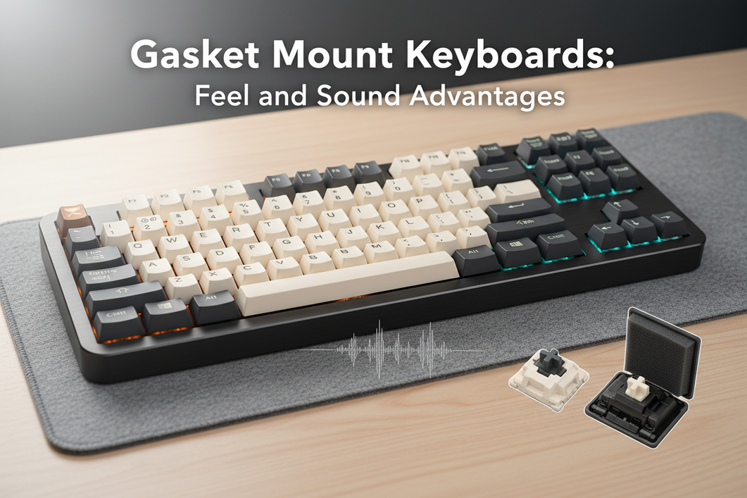Front view of a modern mechanical keyboard on a desk, emphasizing a cushioned typing feel and refined sound-focused design