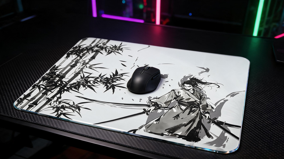 Tempered glass gaming mouse pad on a gaming desk with a mouse in a dark high-contrast setup.
