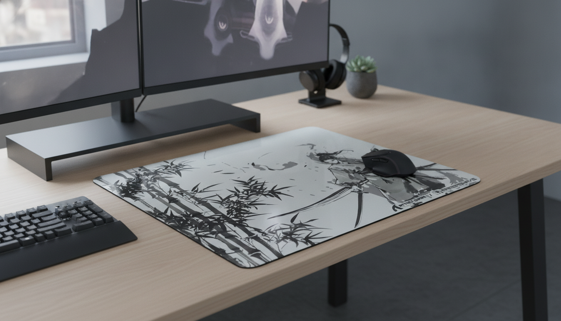 Tempered glass gaming mouse pad with a mouse on a clean FPS gaming desk