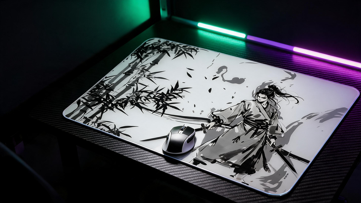 Tempered glass mousepad and lightweight gaming mouse on a neon-lit carbon-fiber desk