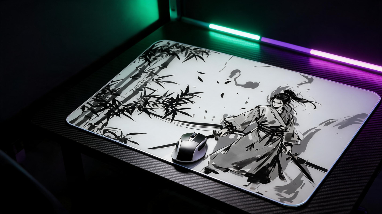 Tempered glass mousepad and lightweight gaming mouse on a neon-lit carbon-fiber desk
