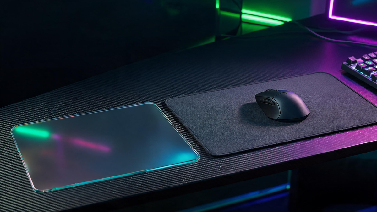 Glass and coated-fabric gaming mousepads arranged on a carbon-fiber desk in a dark esports room with neon green and purple lighting.