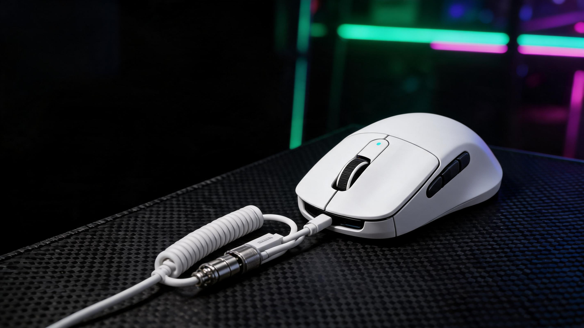 MAMBASNAKE M3 gaming mouse connected by cable on a carbon-fiber gaming desk with saturated neon lighting and dark space for headline text