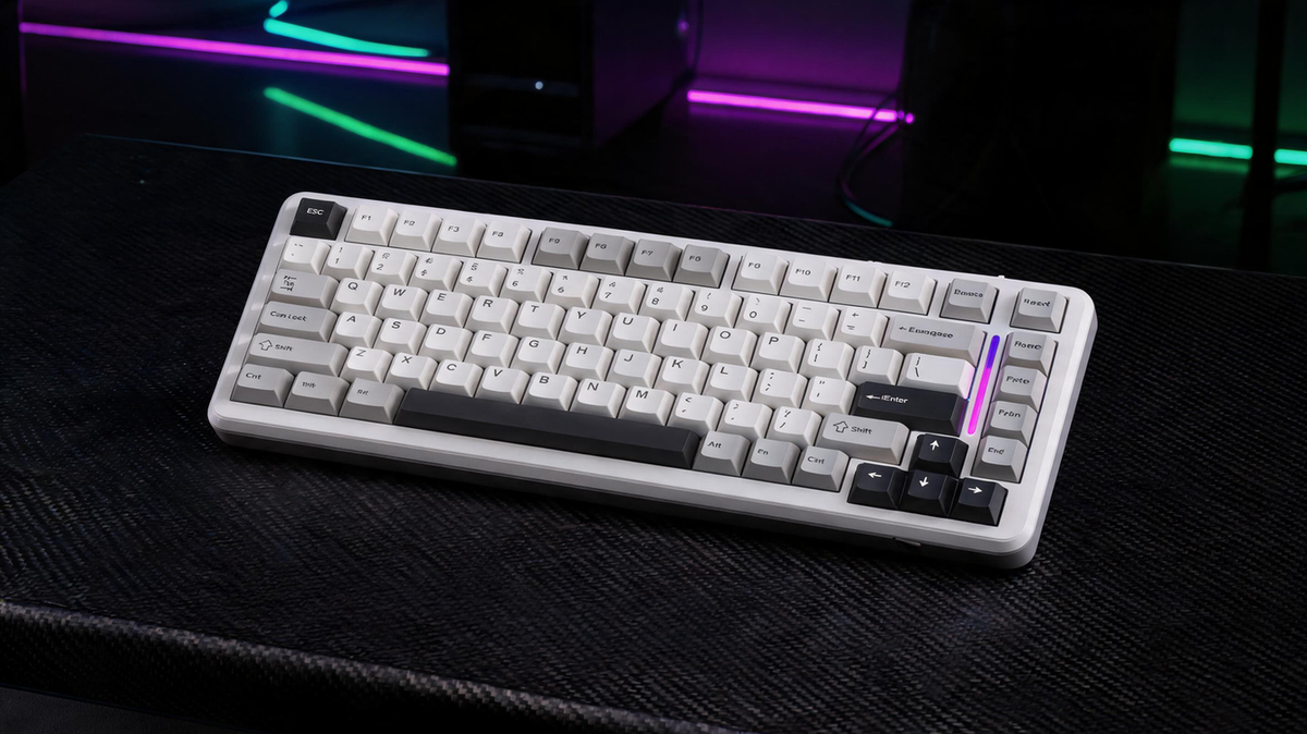 Hall effect gaming keyboard on a carbon-fiber desk in a neon-lit gaming room
