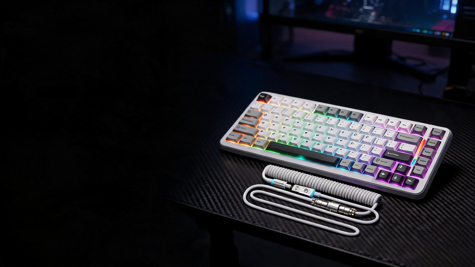 White RGB Hall Effect gaming keyboard on a carbon-fiber desk in a dark neon-lit gaming room, with open space on the left