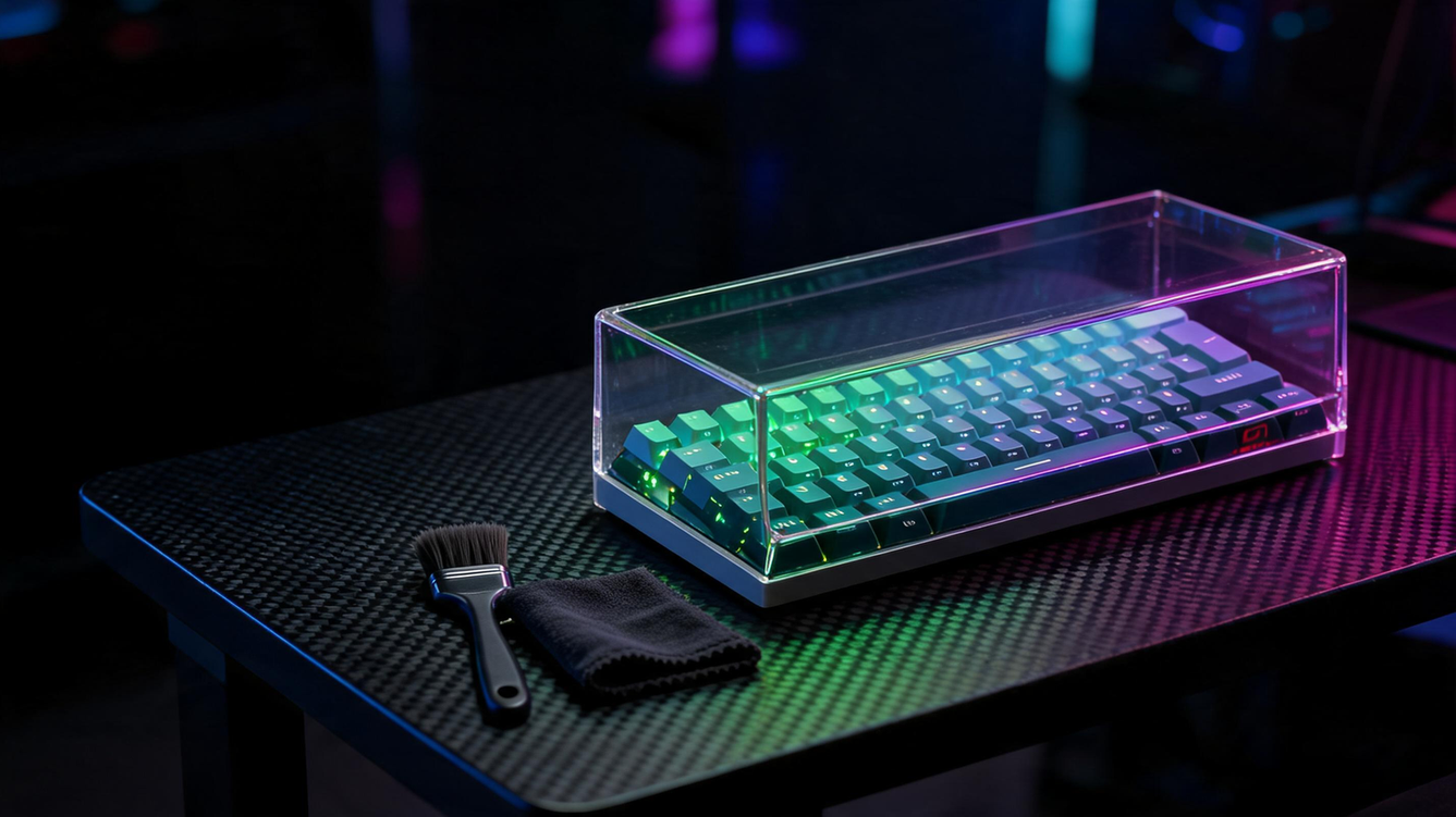 A clear acrylic keyboard cover protects a compact keyboard on a carbon-fiber gaming desk, with an uncovered cleaning area nearby under green and purple RGB lighting.