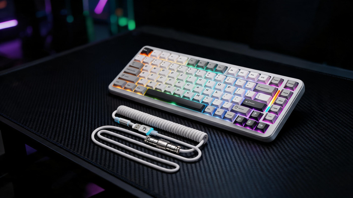 Hall Effect gaming keyboard glowing on a carbon-fiber desk in a dark esports room