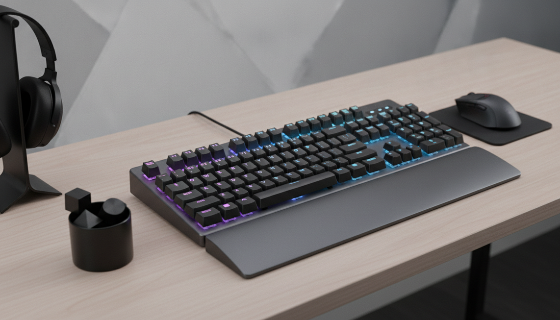 Gaming keyboard arranged as an ecommerce hero with a clean desktop setup and visible keys ready for testing