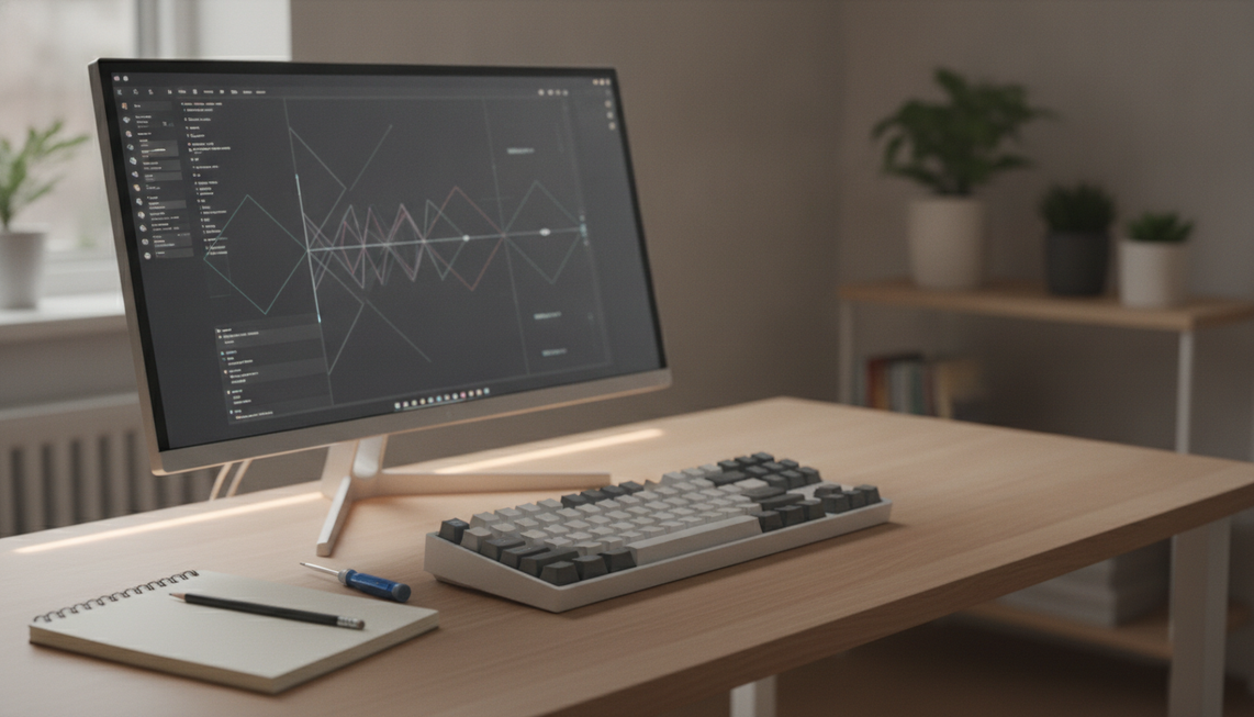 Mechanical keyboard on a clean desk beside a computer, illustrating troubleshooting for keys that register twice