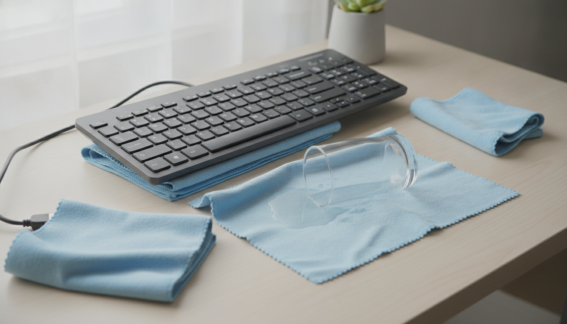 Keyboard on a desk beside a tipped-over glass, unplugged cable, absorbent cloth, and a safe drainage setup after a liquid spill