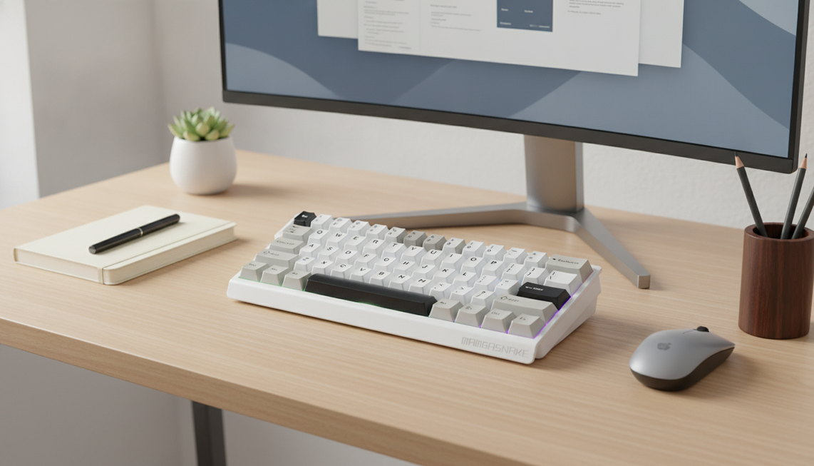 Gaming keyboard arranged on a clean workstation for switching between work and gaming profiles