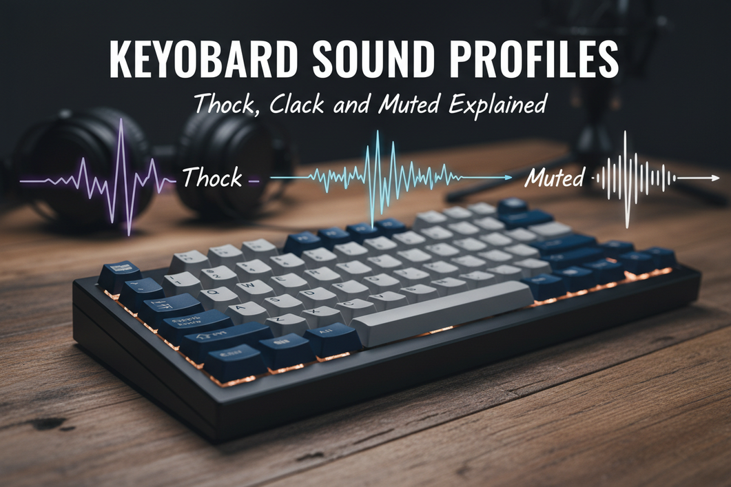 Mechanical keyboard on a desk with a deep, full sound profile emphasis
