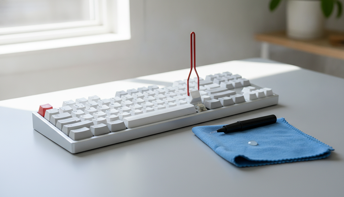Mechanical keyboard on a clean desk with a small applicator and lubricant prepared for careful stabilizer maintenance