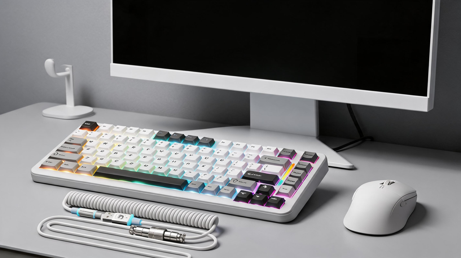 Compact RGB gaming keyboard with a coiled cable on a clean gaming desk beside a monitor and mouse.