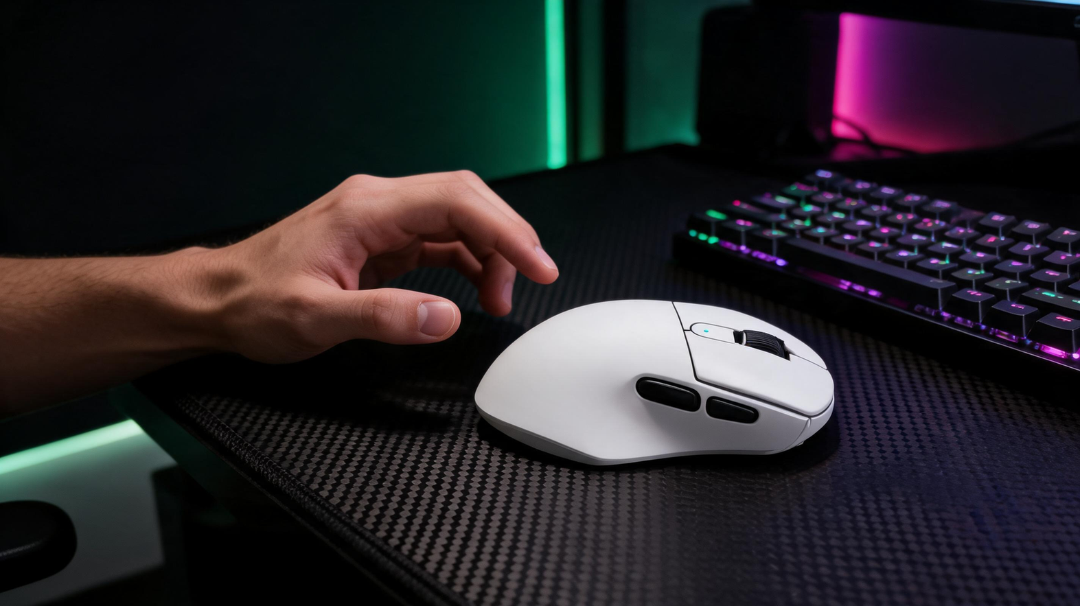Gaming mouse on a carbon-fiber desk in a dark esports room, with a hand positioned near its side controls