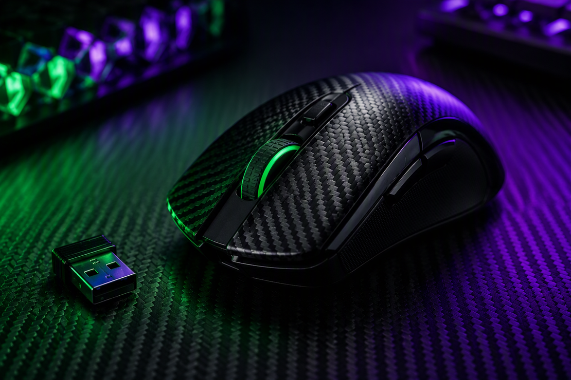 Black carbon-fiber gaming mouse on a carbon-fiber desk beside a wireless receiver, with vivid green and purple lighting