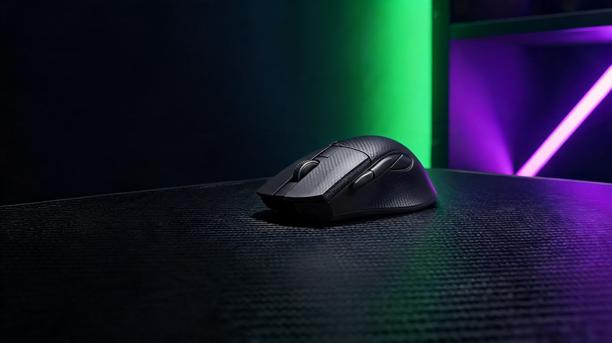 Lightweight gaming mouse staged on a carbon-fiber gaming desk with RGB lighting and open space for headline text.