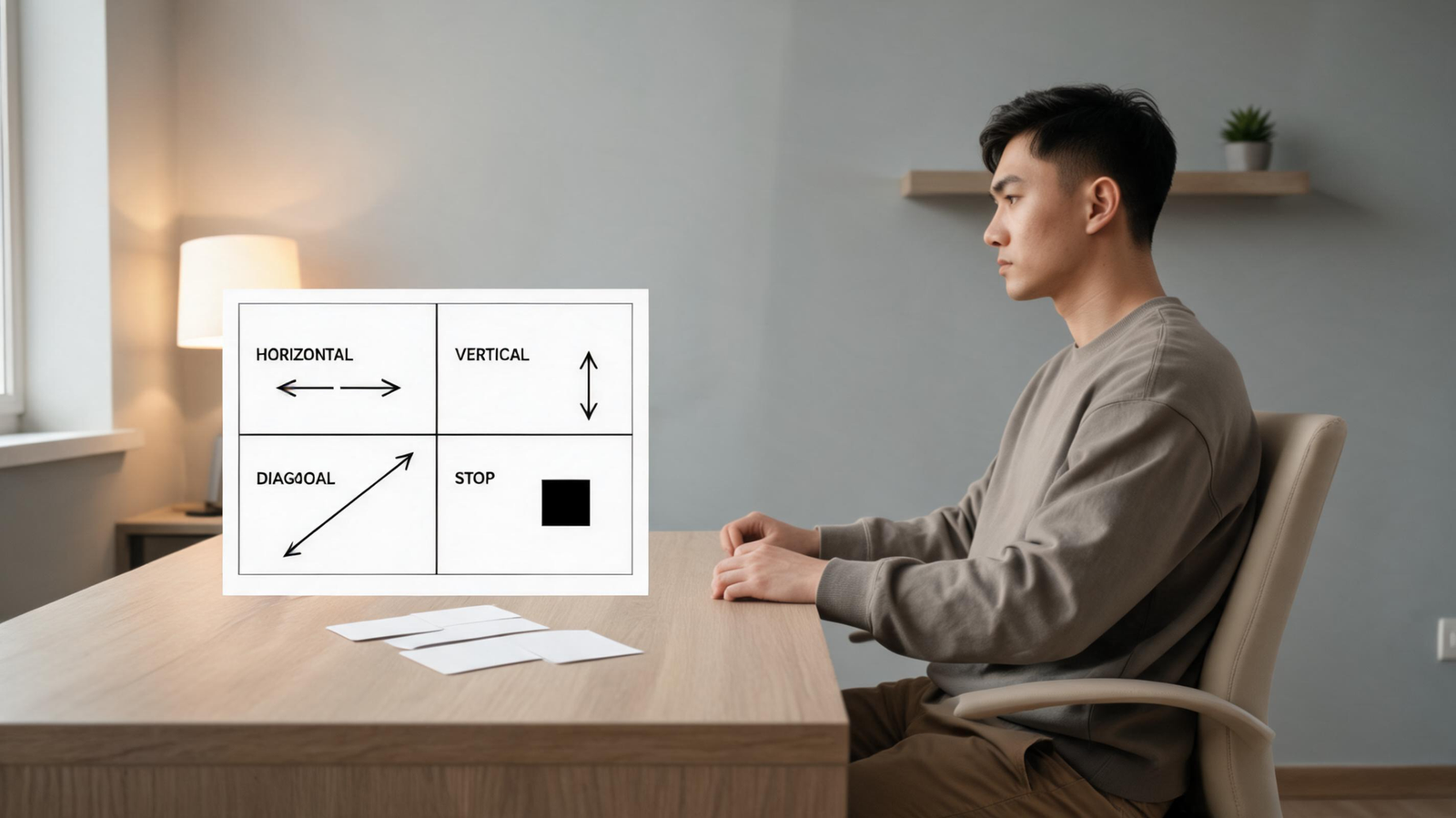 Gamer reviewing a target grid with directional arrows and correction notes beside a practice setup