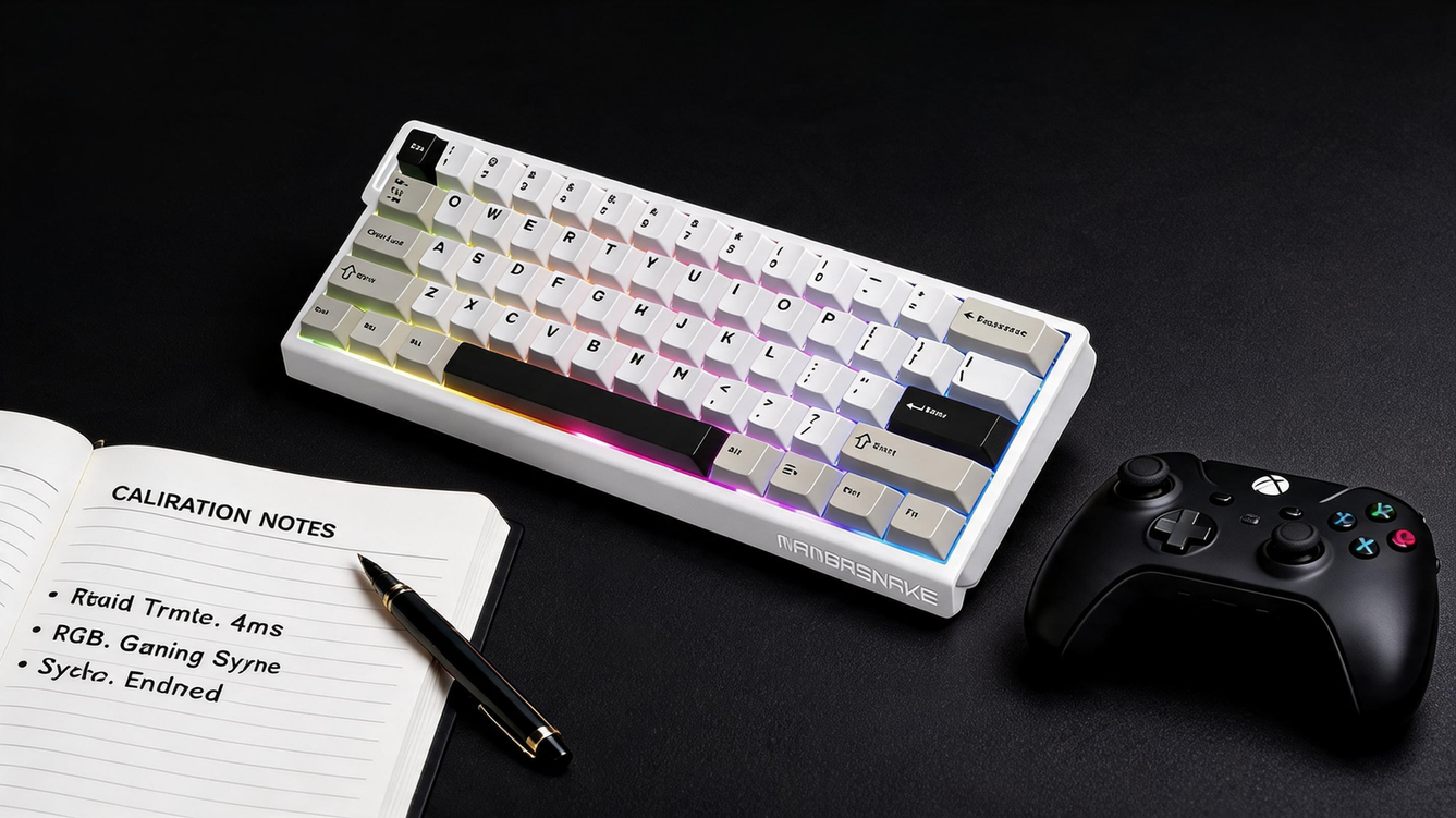 Compact magnetic gaming keyboard on a desktop beside a profile-planning notebook and game controller.