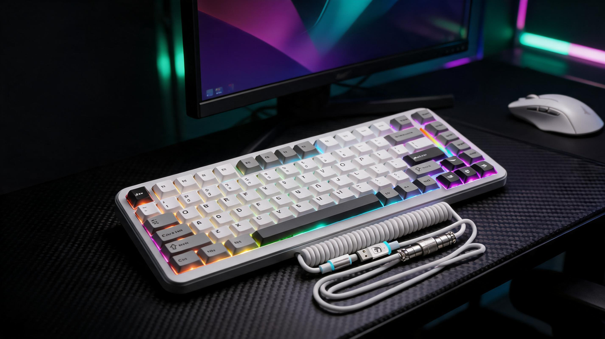 RGB magnetic gaming keyboard arranged on a carbon-fiber gaming desk beside a monitor in a dark neon-lit room