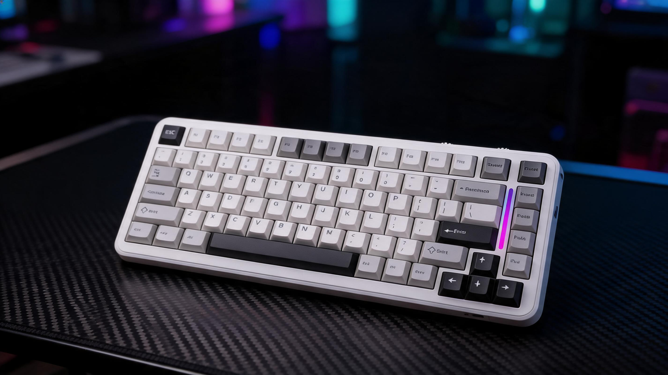 White compact gaming keyboard glowing on a carbon-fiber desk in a dark RGB-lit gaming room