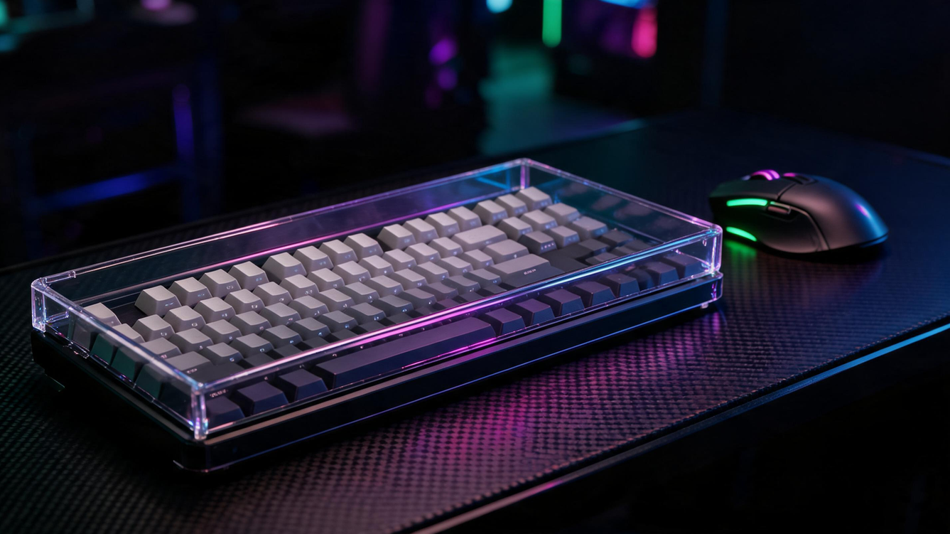 Covered mechanical keyboard and mouse on a carbon-fiber gaming desk under purple and neon-green lighting