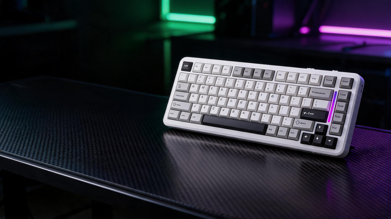 White RGB gaming keyboard on a carbon-fiber desk in a dark neon-lit esports room, with open space on the left