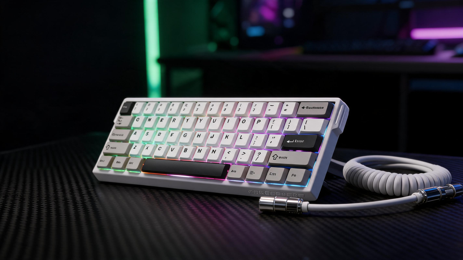 Compact RGB magnetic gaming keyboard on a carbon-fiber desk beside its coiled cable in a dark esports setup